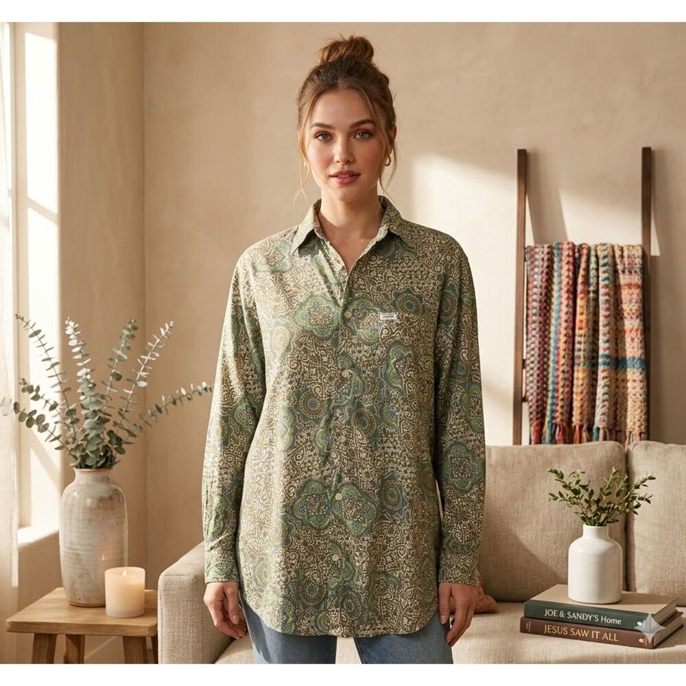Vintage 90s GUESS George Marciano Womens 2 Green Floral Rayon Button Up Top